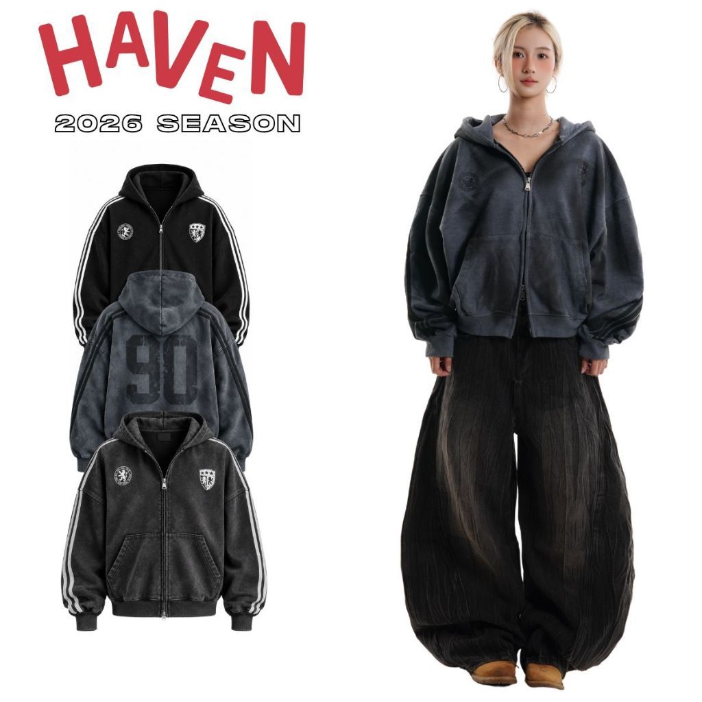 Áo Khoác Hoodie Wash Sọc Haven Studio Form Rộng Unisex Nam Nữ – Wash Xám Sọc…