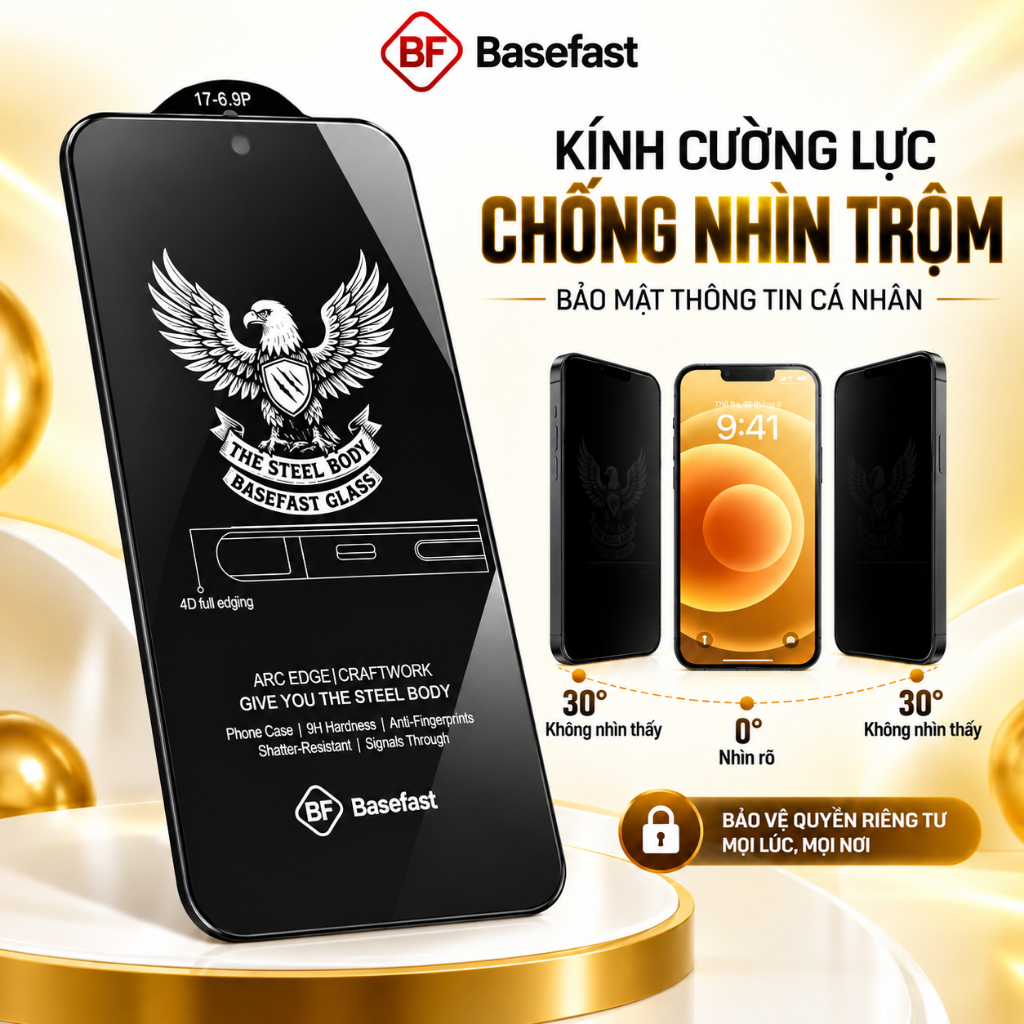 Kính cường lực iphone chống nhìn trộm Basefast chống mỏi mắt cho ip xs 11 12 13 14 15 16 17 18 pro