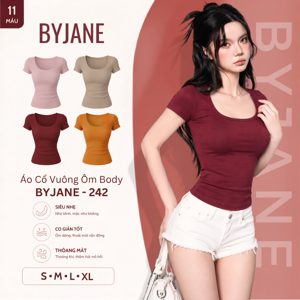 Áo Thun Nữ Cổ Vuông Ôm Body Tay Ngắn Chất Thun Mịn Co Giãn 4 Chiều Mềm Mịn Tôn Dáng Basic BYJANE – 242