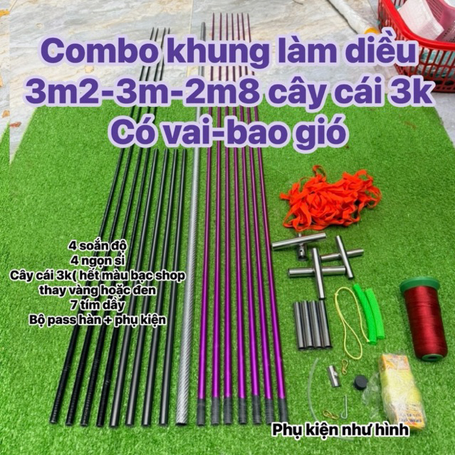 Combo Khung 2m8-3m-3m2 Làm Diều Sáo Có Vai - Cây Cái 3k - Nan Tím Dầy - Đầy Đủ Phụ Kiện