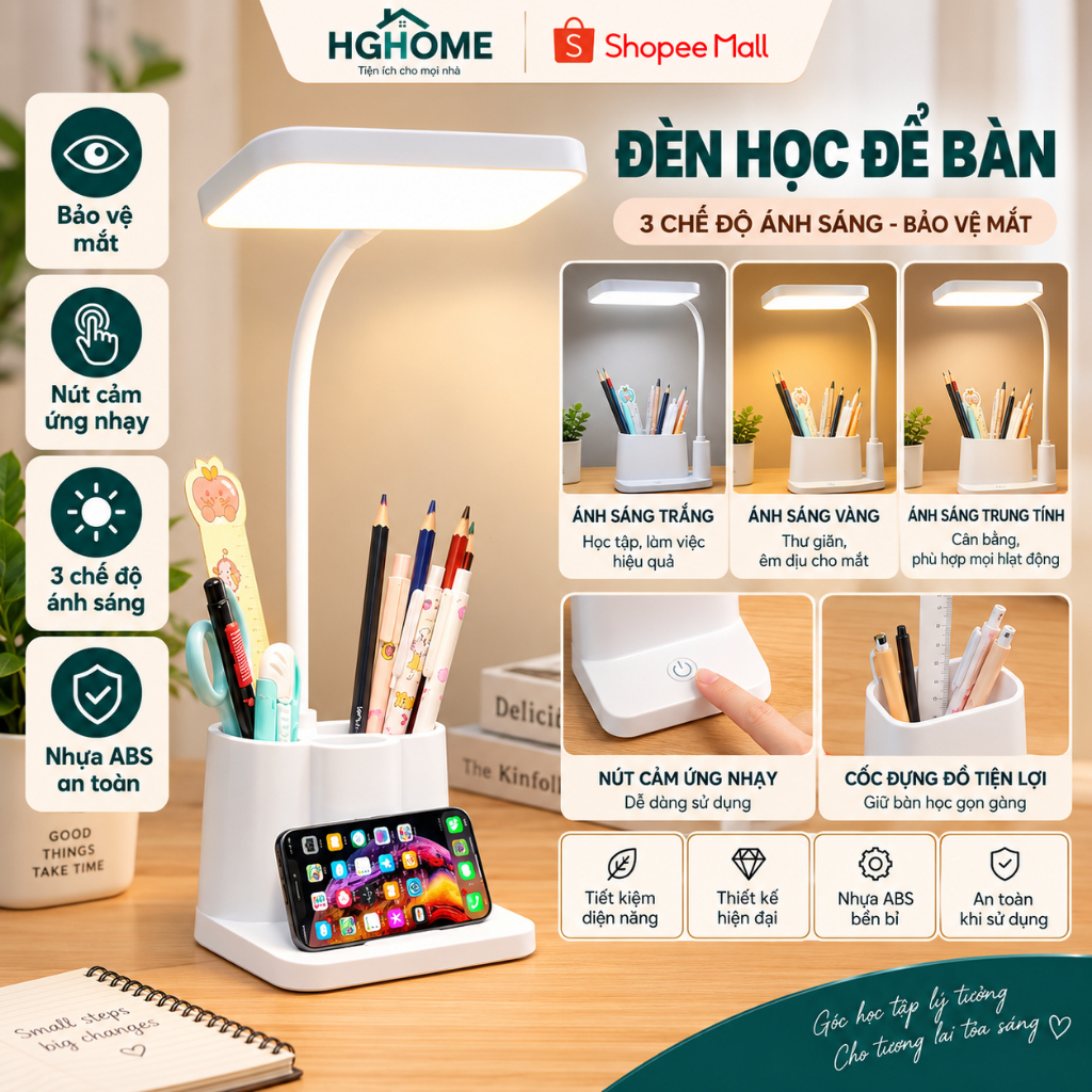 Đèn Học Để Bàn HGHOME Có Nút Cảm Ứng Kèm 3 Chế Độ Ánh Sáng Phù Hợp Bảo Vệ Mắt, Nhựa ABS An Toàn