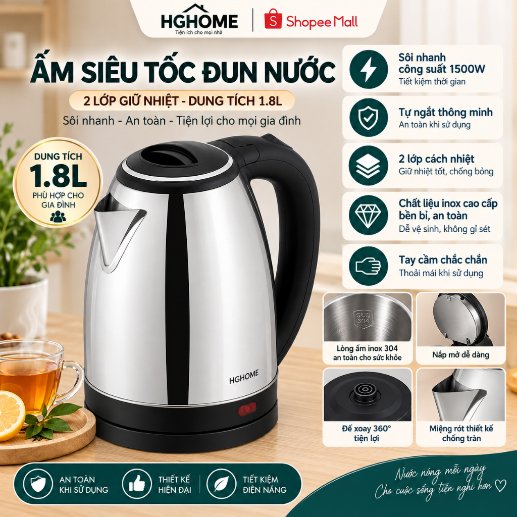 Ấm Siêu Tốc Đun Nước HGHOME 2 Lớp Dung Tích 1.8L Sôi Nhanh, Tự Ngắt Thông Minh An Toàn Tiện Lợi
