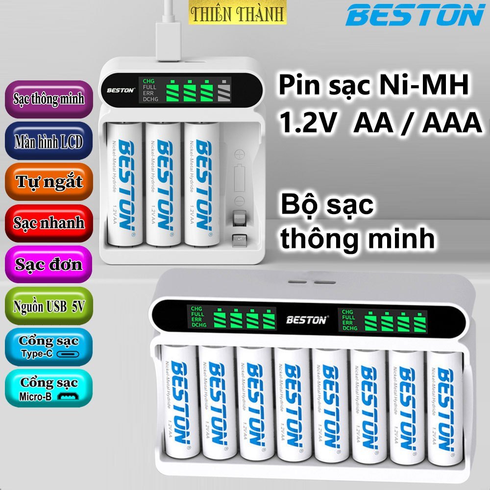 Bộ Sạc 4 pin AA AAA Beston C9023L, mẩu mới sạc nhanh,tự ngắt khi đầy, đèn báo…