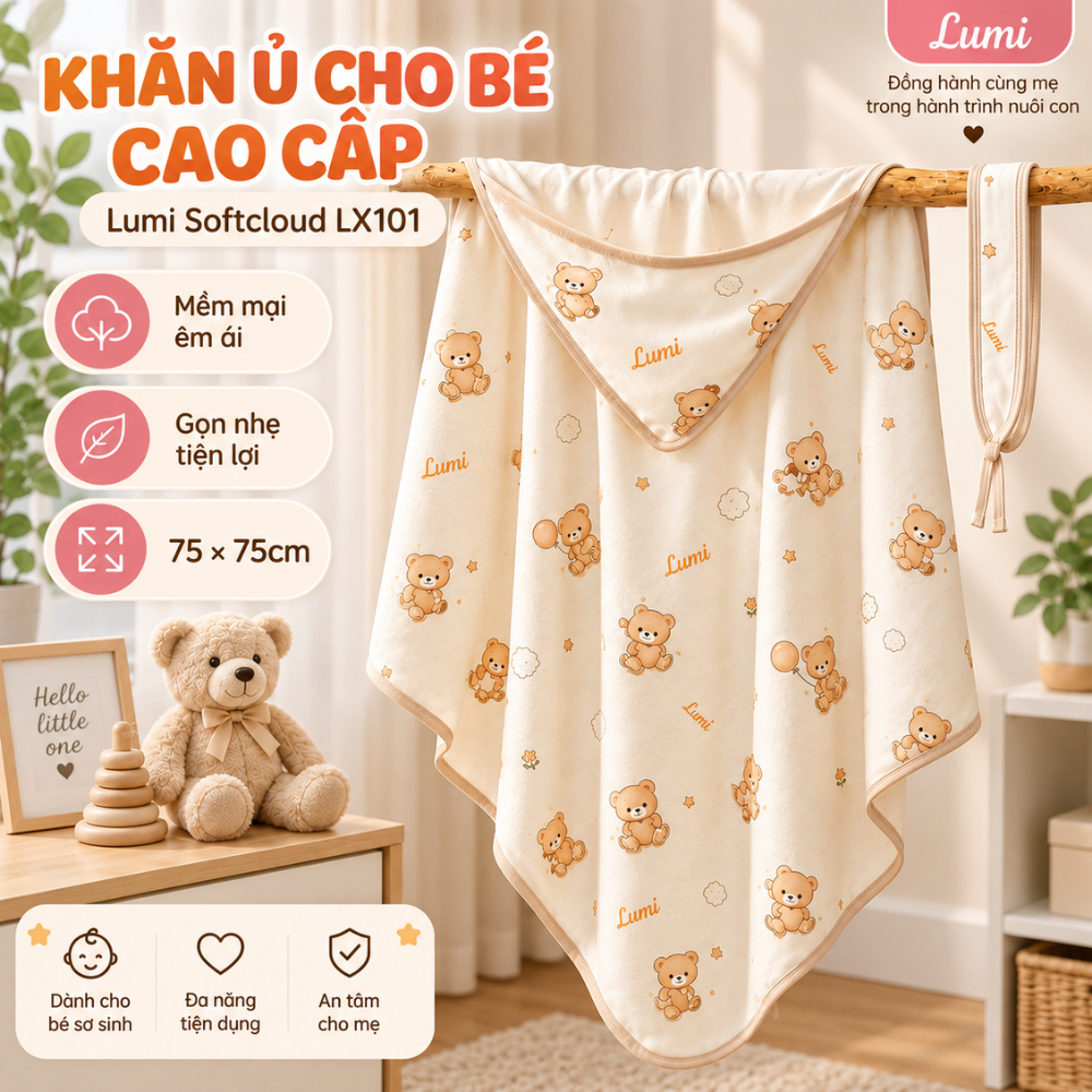 Ủ choàng cho bé sơ sinh cao cấp 3 lớp, khăn ủ choàng cho bé sơ sinh có mũ 75X75cm phù hợp mùa thu Lu