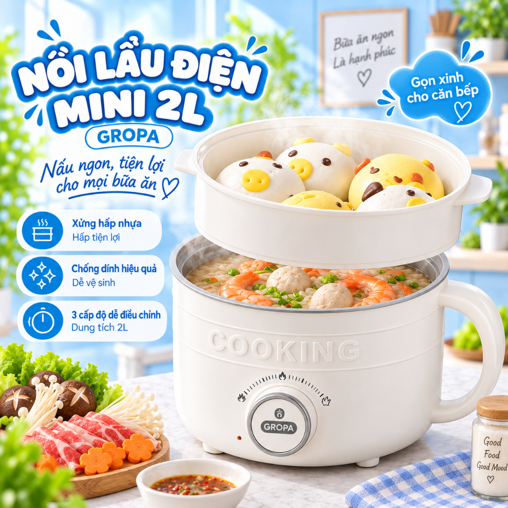 Nồi Lẩu Điện Đa Năng Gropa 2L, Lớp Titan Chống Dính Kèm Xửng Hấp, Nấu Lẩu…