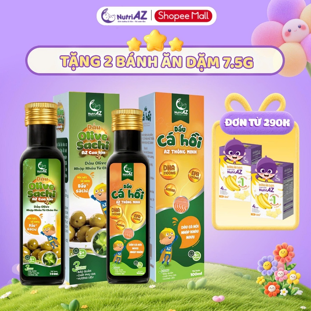 Dầu Ăn Dặm Cho Bé NutriAZ - Set Dầu Cá Hồi, Oliu Sachi,Chiên Xào 5 Hạt Quý…