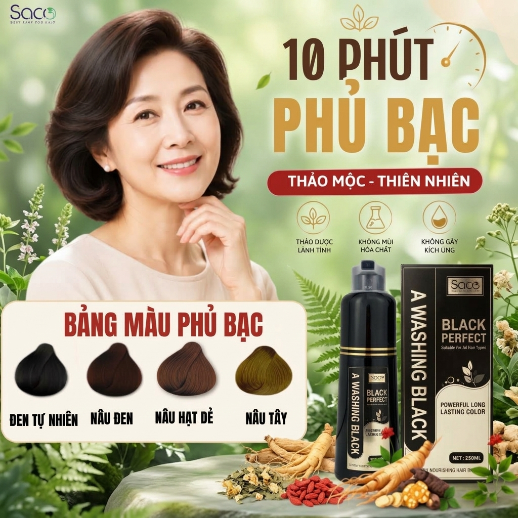 [TẶNG TRÙM ĐẦU Ủ TÓC] Dầu gội phủ bạc thảo dược SACO chai vòi 250ml, gội nhuộm tóc phủ bạc tại nhà màu đen và nâu