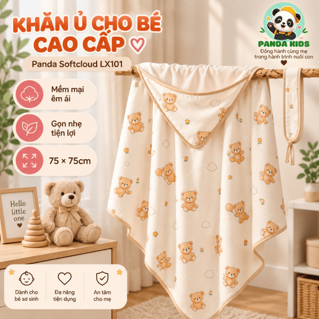 Ủ choàng cho bé sơ sinh cao cấp 3 lớp, khăn ủ choàng cho bé sơ sinh có mũ 75X75cm phù hợp mùa thu Pa