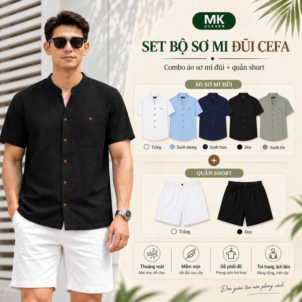 Set Bộ Đũi Cefa MK CLEVER Chất liệu Đũi mềm mịn thoáng mát, chống nhăn, form rộng hằng ngày