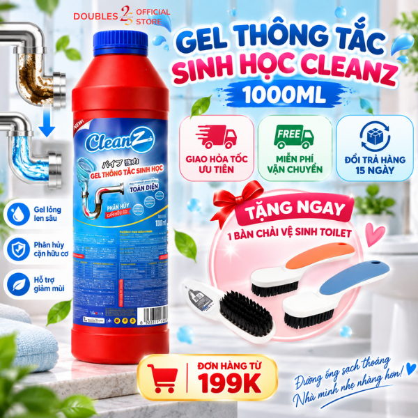 Gel thông tắc sinh học Cleanz 1000ml hỗ trợ vệ sinh đường ống cống, lavabo, toilet - DOUBLES 2SSHOP