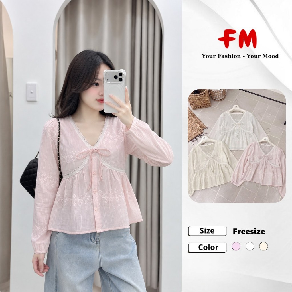 Áo Kiểu Nữ Tay Dài cổ tim viền ren hoa Fmstyle 3 màu Freesize 26090479