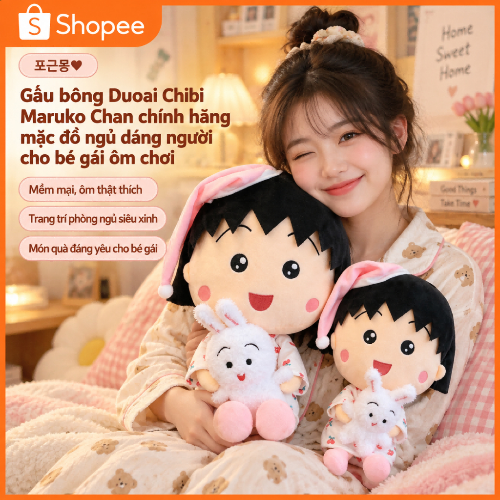🔥Gấu bông Duoai Chibi Maruko Chan chính hãng mặc đồ ngủ dáng người cho bé gái ôm chơi💕