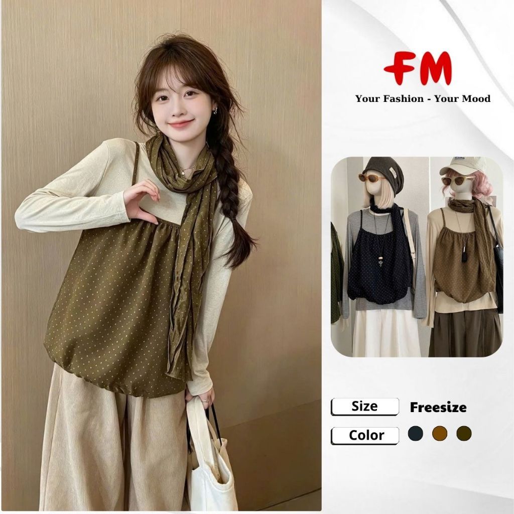 SET 3 MÓN FMSTYLE Áo 2 dây chấm bi form bí + áo thun dài tay + khăn choàng 26090493