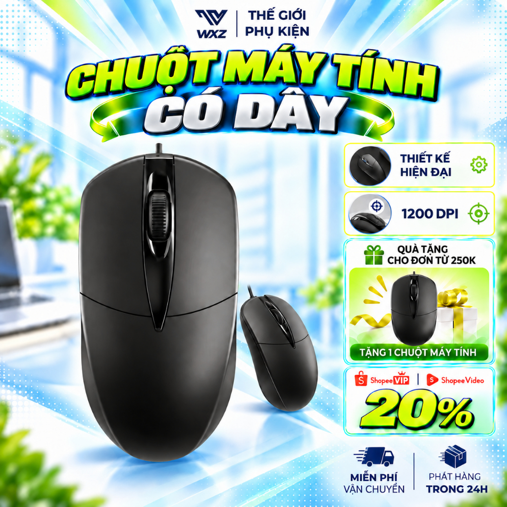 Chuột Máy Tính M1 Có Dây USB Silent 1200 DPI Click Êm Rê Mượt Dùng Laptop PC…