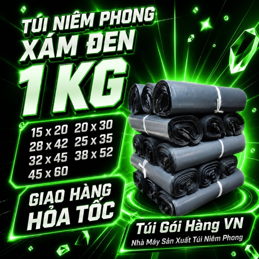 1KG Túi Niêm Phong Xám Đen Keo Dán Tốt, Giao Hoả Tốc, Giá đã bao gồm VAT - Túi Gói Hàng VN