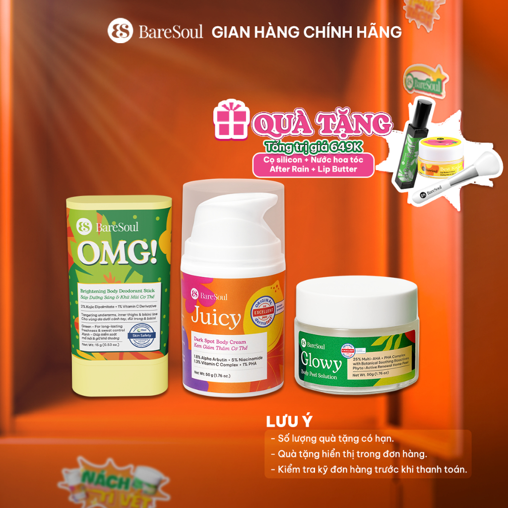 COMBO Peel Glowy 3.0 50g, kem dưỡng Juicy 50g, sáp nhung OMG Xanh 15g giúp làm sáng, giảm thâm, khử mùi nách, bẹn