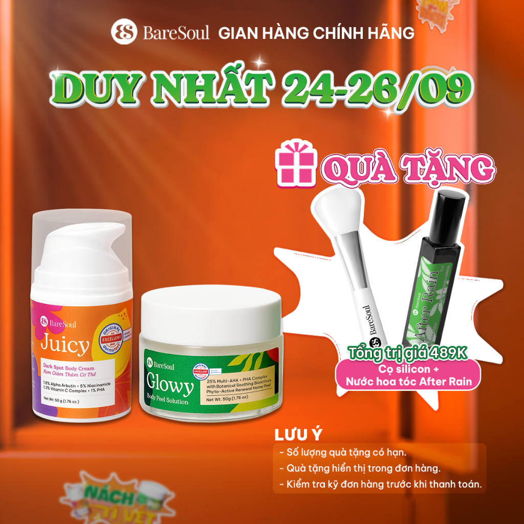[TẶNG CỌ] COMBO Peel Glowy 50g, kem dưỡng Juicy 50g giúp làm sáng, giảm thâm mông, nách, bikini, đầu gối