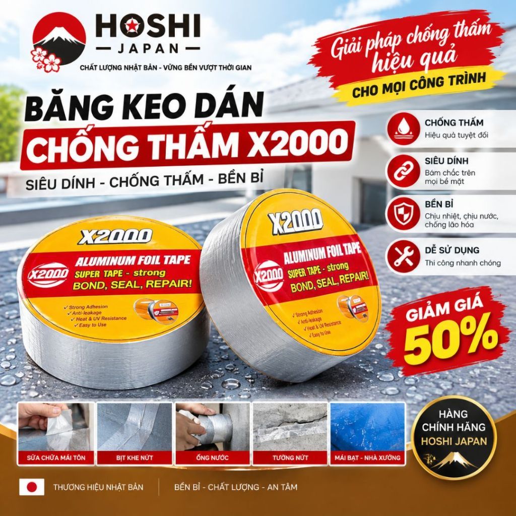 Hàng Chuẩn băng keo chống thấm X2000 nhật bản siêu dính kích thước Rộng 5-10-15-20-30cm x Dài 5m