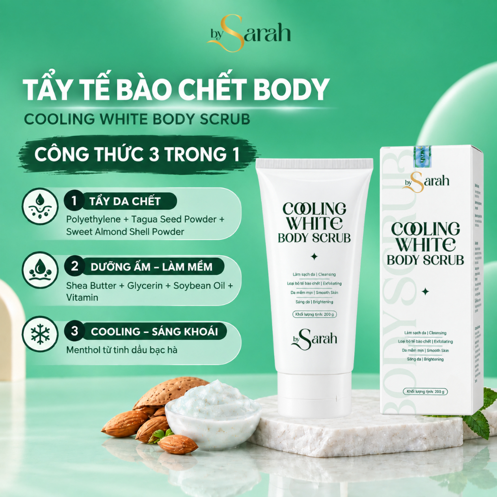 Tẩy Tế Bào Chết Body BY SARAH Hạnh Nhân, Vitamin E, 3in1 Làm Sạch, Làm Mát Và Mềm Mịn Da 200g
