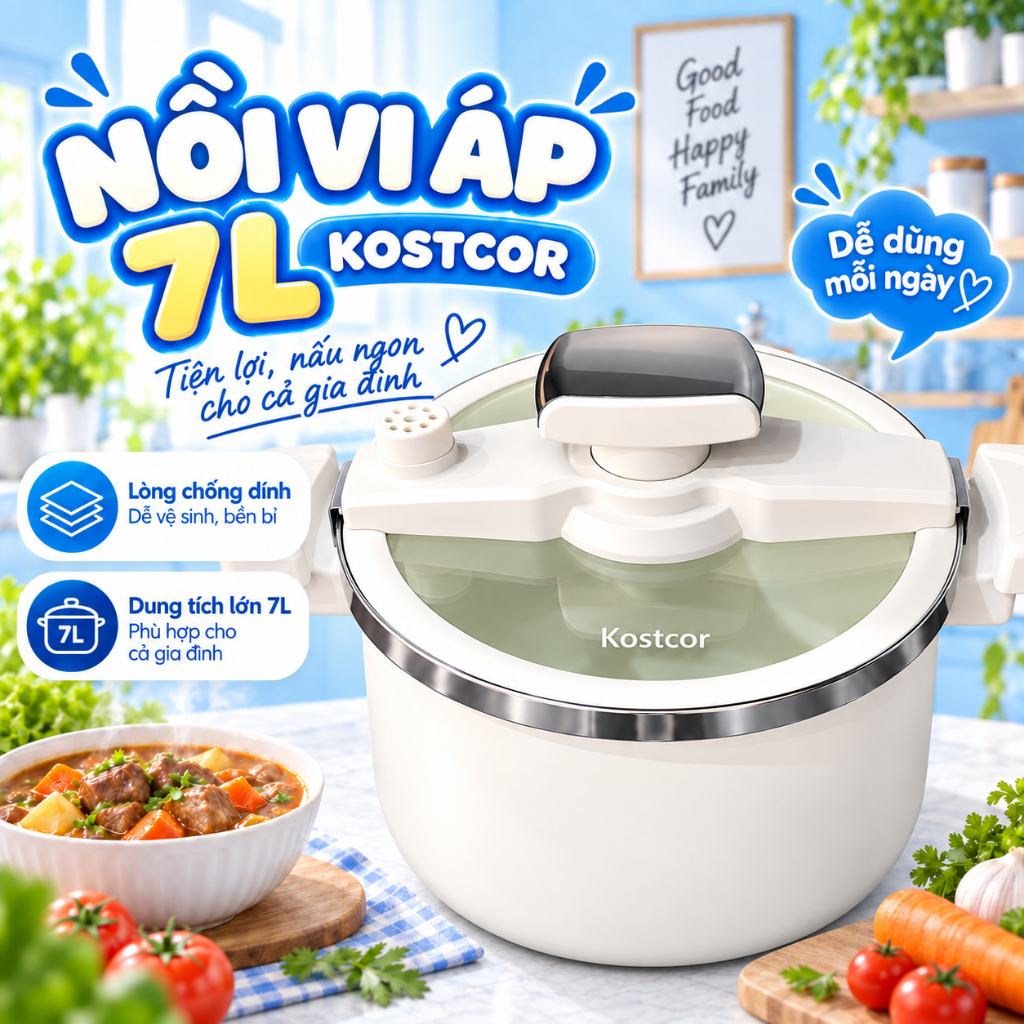 Nồi Áp Suất Vi Áp KOSTCOR 7L, Lòng Chống Dính, Nắp Trong Suốt, Hầm Nhanh Dùng Bếp Từ Gas Hồng Ngoại