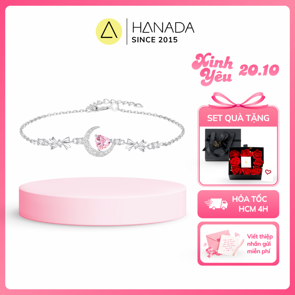 [BẠC 925 - BH TRỌN ĐỜI] Lắc Tay Bạc 925 HANADA Mặt Trăng Trái Tim Đá Hồng,Vòng Tay Tiểu Thư Nơ Đá Quà tặng Nữ 2835