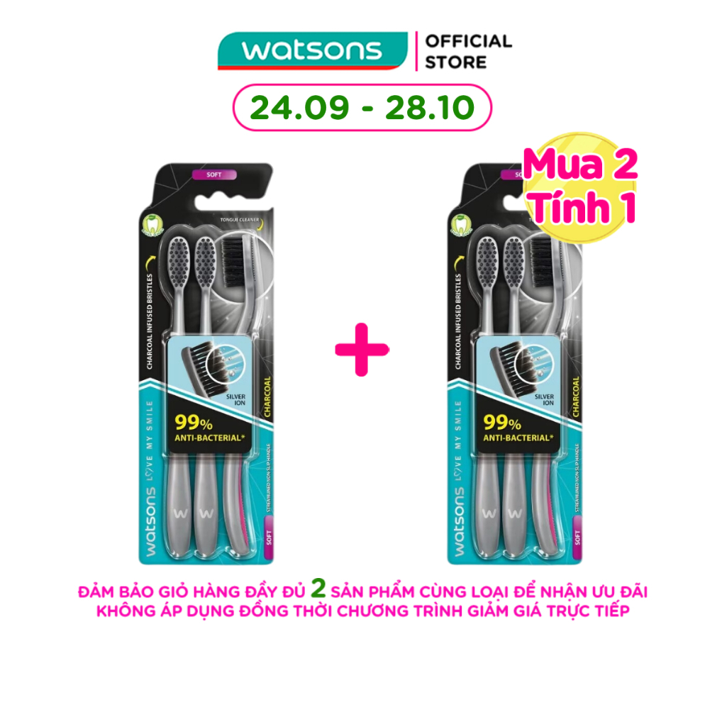 Bàn Chải Đánh Răng Watsons Charcoal Toothbrush (Soft) 3 cây