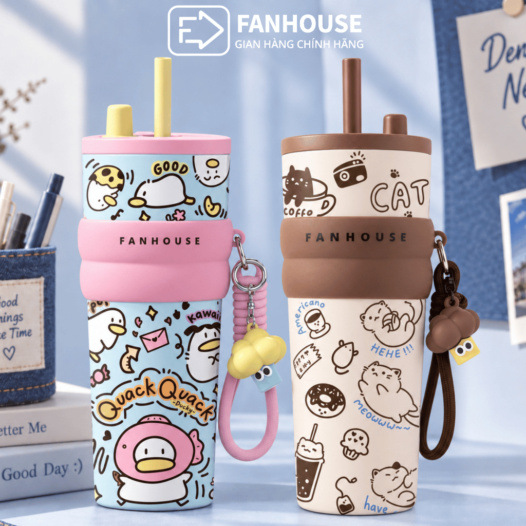 [SVIP] Bình giữ nhiệt Candy 710ml tặng charm, Fan House bình nước giữ nhiệt 12h inox 316 ống hút tiện lợi