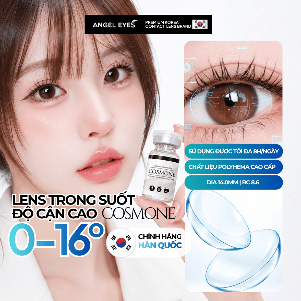 Lens trong suốt cận Angel Eyes Cosmone có độ từ 0 đến 16 độ, dòng kính áp…