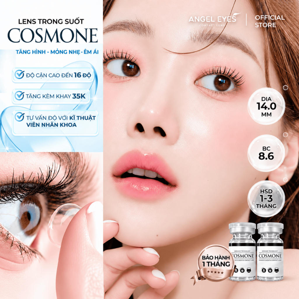 Lens cận Angel Eyes Cosmone trong suốt có độ từ 0 đến 16 độ Kính áp tròng cận trong suốt có độ