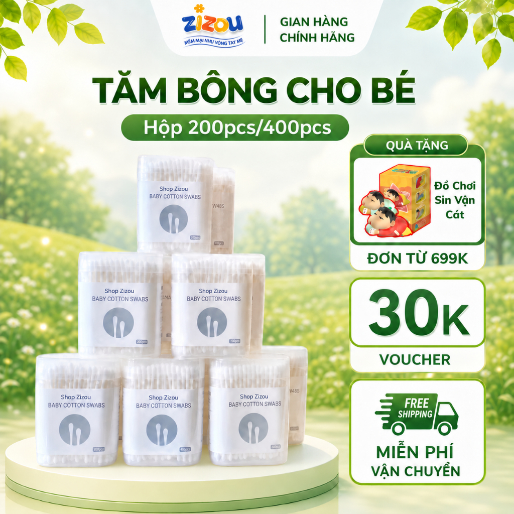Tăm Bông Cho Bé Sơ Sinh Và Trẻ Nhỏ Hộp 200 Que 2 Đầu Dẹt Và Tròn Tiện Lợi Bông Giấy Mềm Mại - Zizou