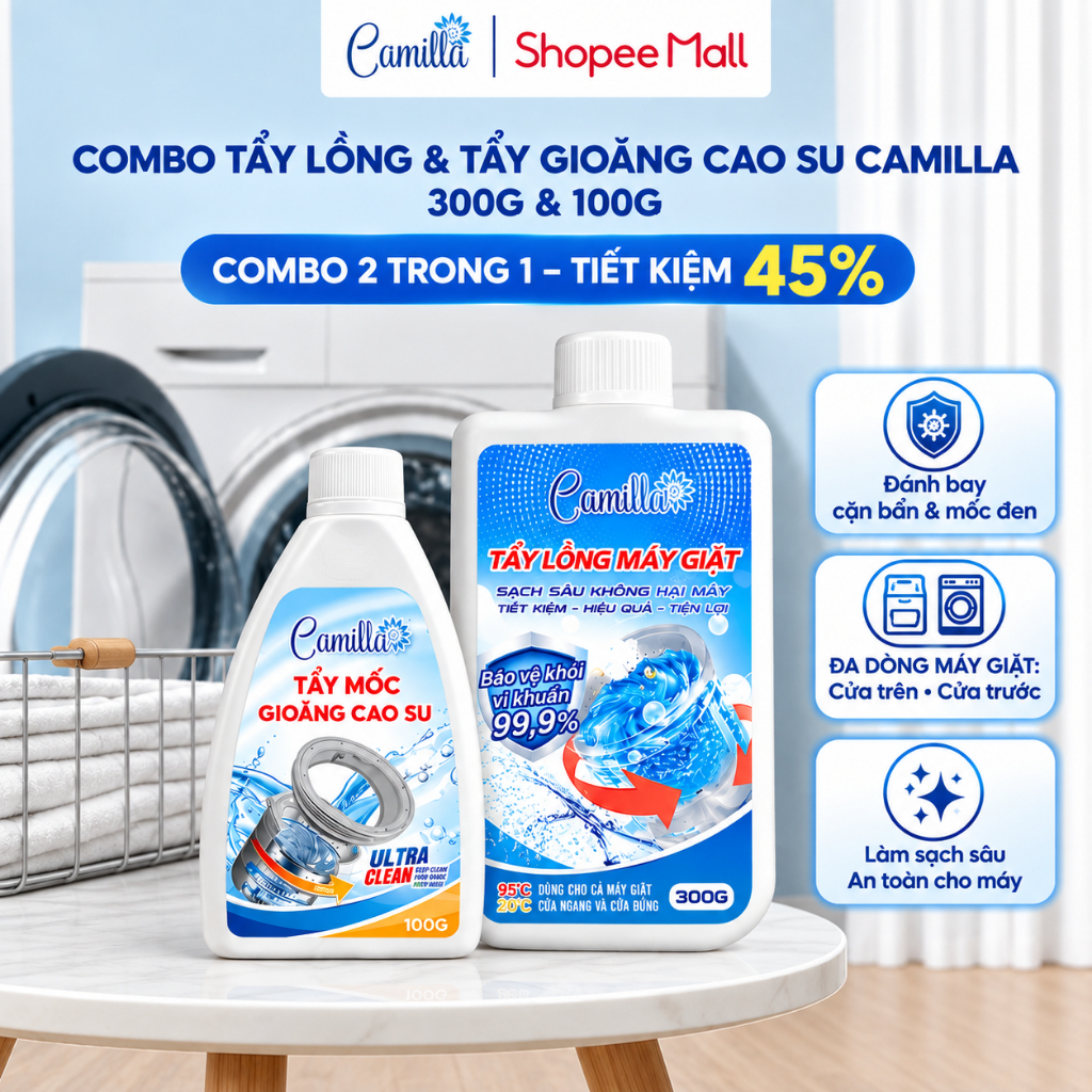 Combo Tẩy Lồng Máy Giặt & Tẩy Mốc Gioăng Cao Su Máy Giặt Cao Cấp CAMILLA 300Gr…