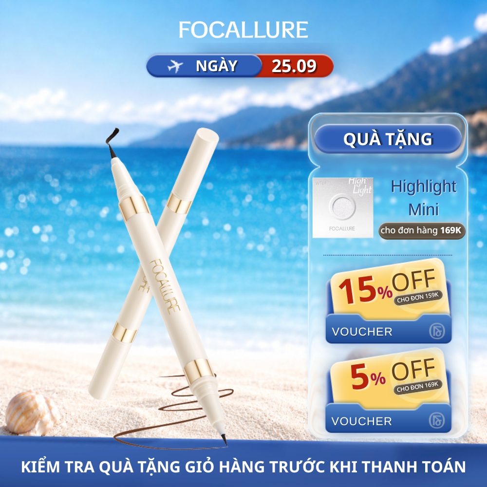 Bút Kẻ Mắt Dạng Lỏng FOCALLURE 2 Trong 1 Không Thấm Nước Hai Đầu Khô Nhanh Chống Lem Trôi 1.2g