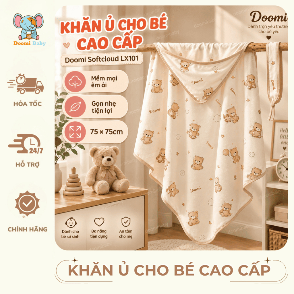 Khăn Ủ Cho Bé Cao Cấp Doomi Softcloud LX101 75x75cm Mềm Mịn, Êm Ái, Thoáng Khí, Khăn Ủ Sơ Sinh