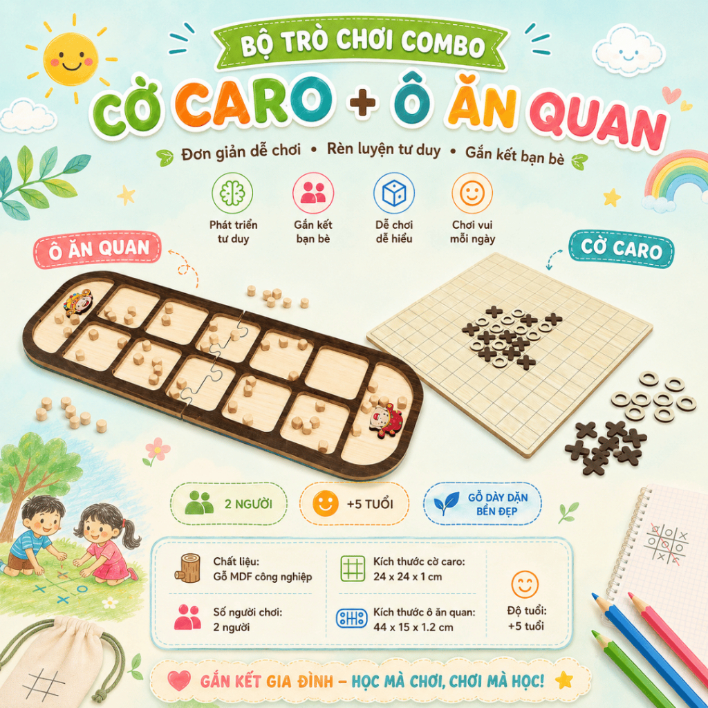 Combo Cờ Caro + Ô Ăn Quan Bằng Gỗ Board Game Trò Chơi Dân Gian Đồ Chơi Giáo…