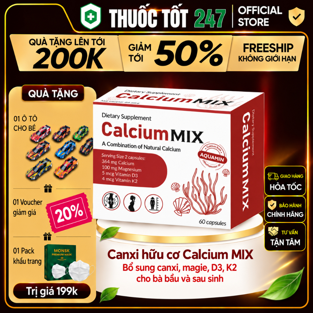 Canxi hữu cơ Calcium MIX nhập khẩu Ba Lan, bổ sung canxi, magie, D3, K2 cho bà bầu và sau sinh