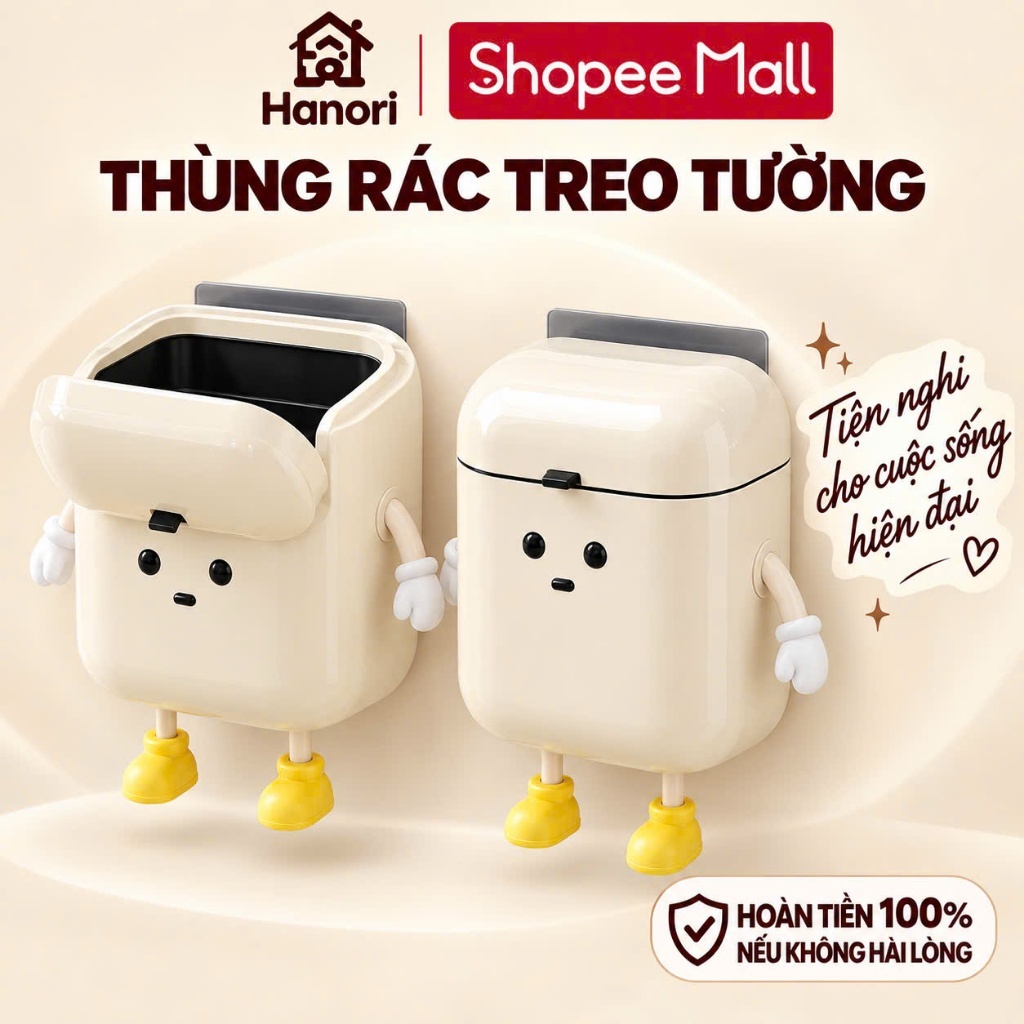 Thùng Rác Treo Tường HANORI Màu Kem Có Nắp Đậy Tiện Dụng Nhựa PET Cao Cấp Bền Đẹp Gọn Gàng Cute