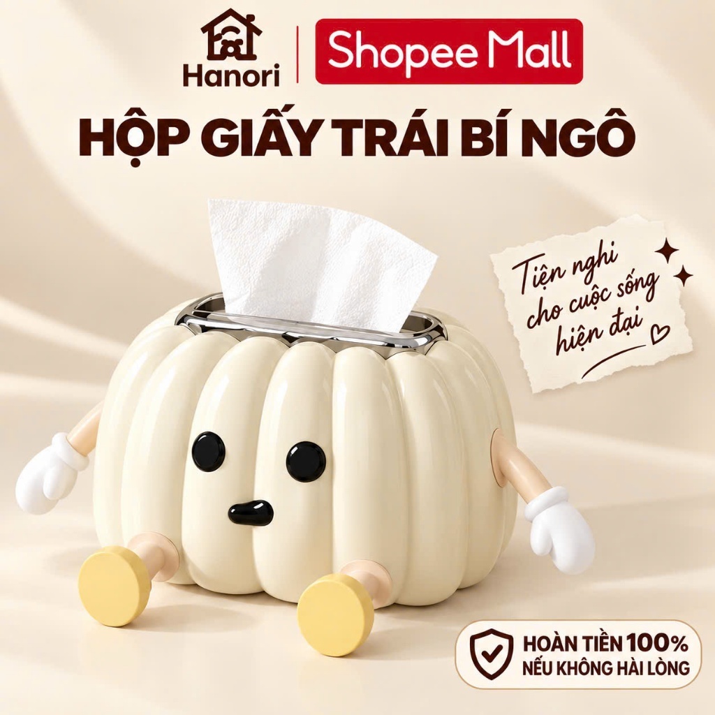 Hộp Đựng Khăn Giấy Hanori Hình Quả Bí Ngô Trang Trí Phòng Khách Bàn Làm Việc Nhựa PP Cao Cấp Tiện Lợi Đẹp