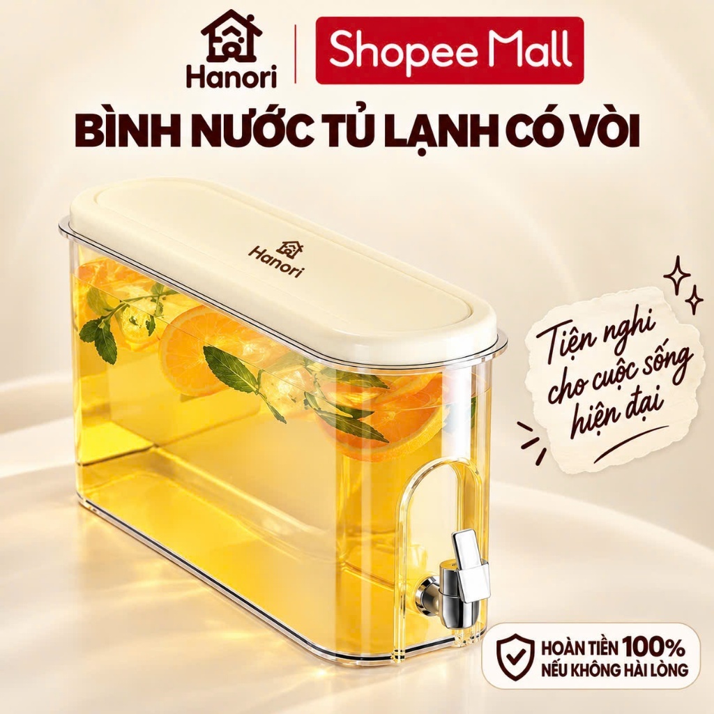 Bình Nước Tủ Lạnh HANORI 4L Có Vòi Tiện Lợi Nhựa PP Không BPA An Toàn Dùng Cho Cả Gia Đình