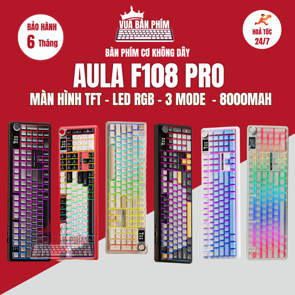 Bàn phím cơ không dây Aula F108 | aula f108 pro, màn hình tùy chỉnh , mạch xuôi, 3 mode, hotswap, led rgb, full foam