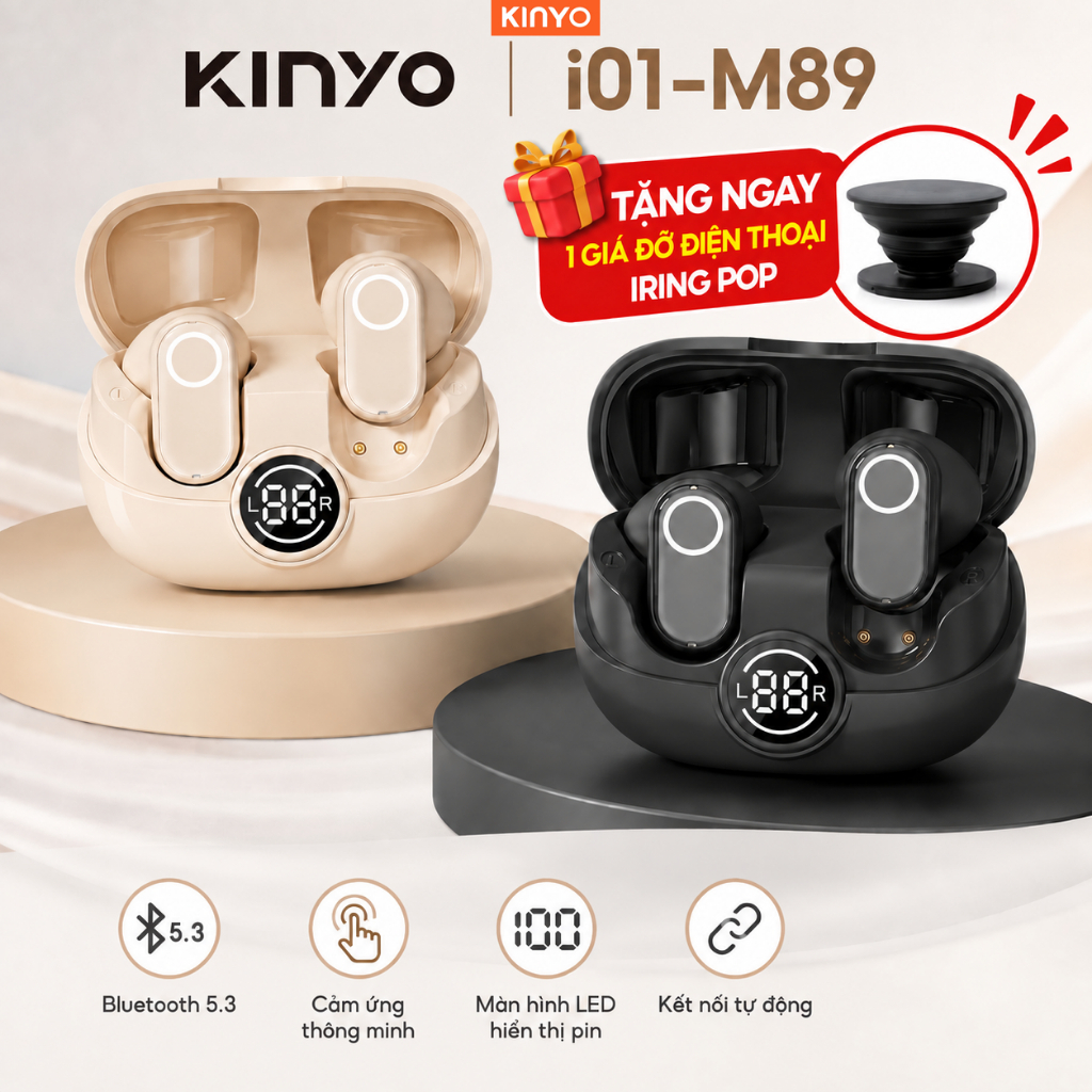 Tai Nghe Bluetooth KINYO i01 TWS 5.3, 13MM Loa Vòng Đồng, Cảm Ứng, LED Hiển…
