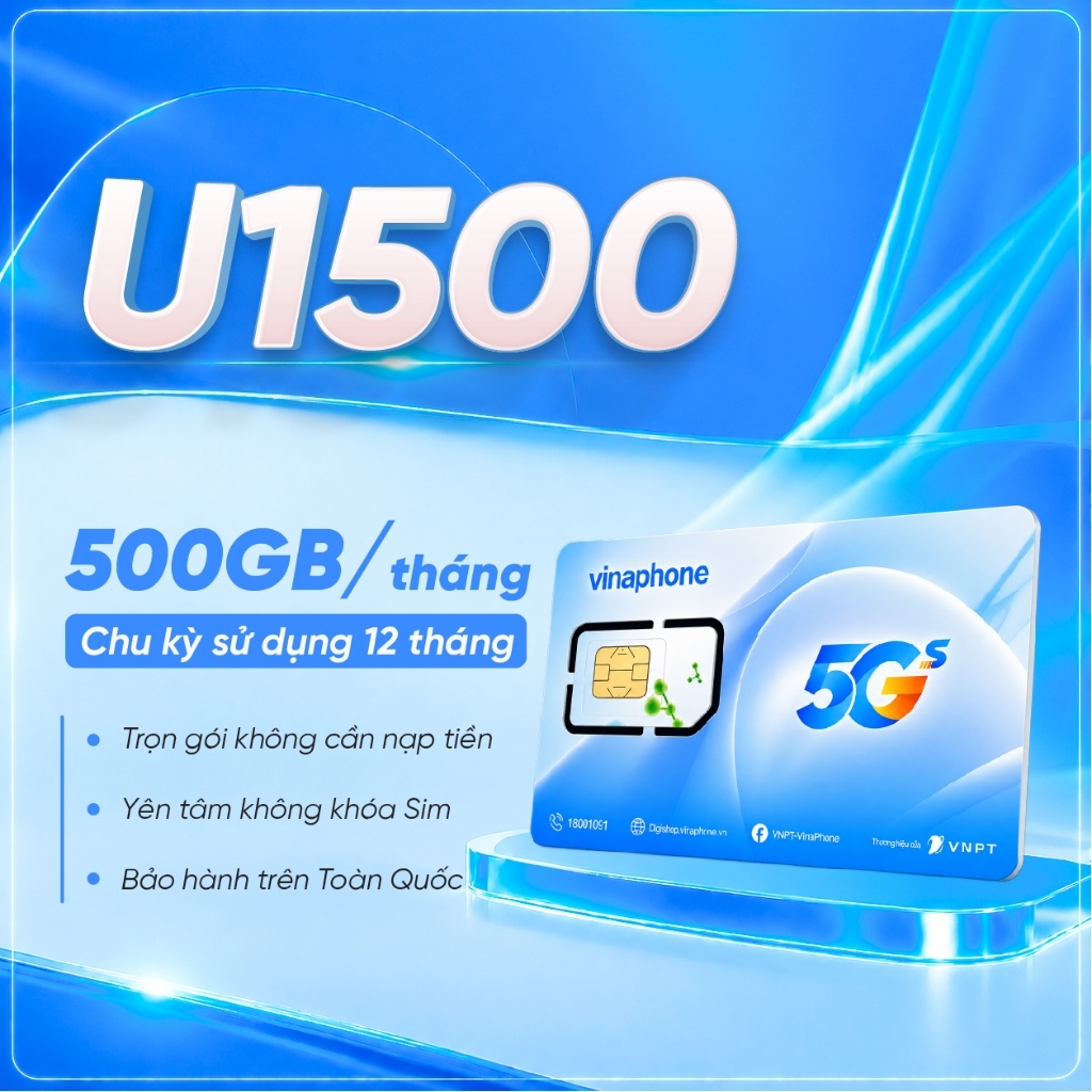 🌟[U1500 500GB/tháng ] Sim 5G U1500 Vinaphone 500GB/tháng trọn gói 12 tháng miễn phí | Hỗ trợ Esim
