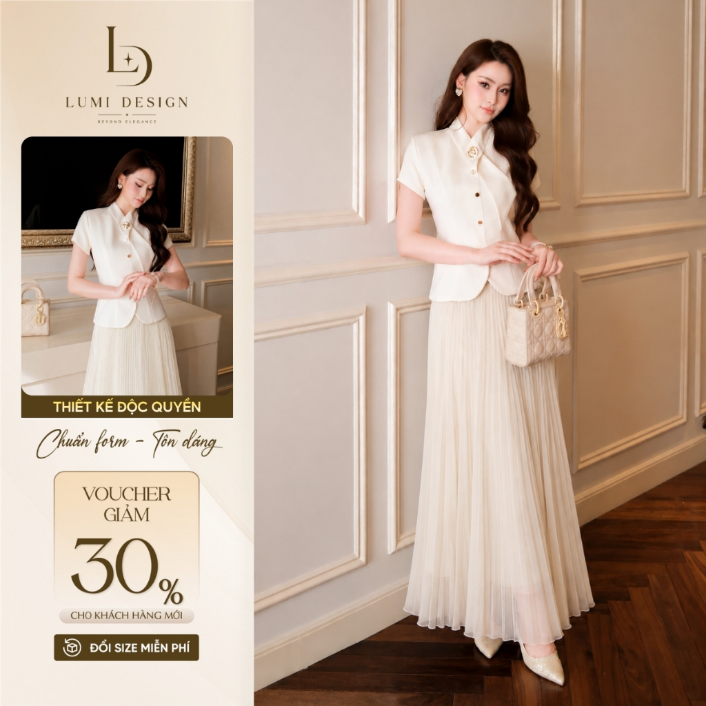 Set công sở nữ áo kiểu thiết kế cổ liền vai lệch dáng peplum phối chân váy dài dự tiệc đi chơi sự kiện LM10