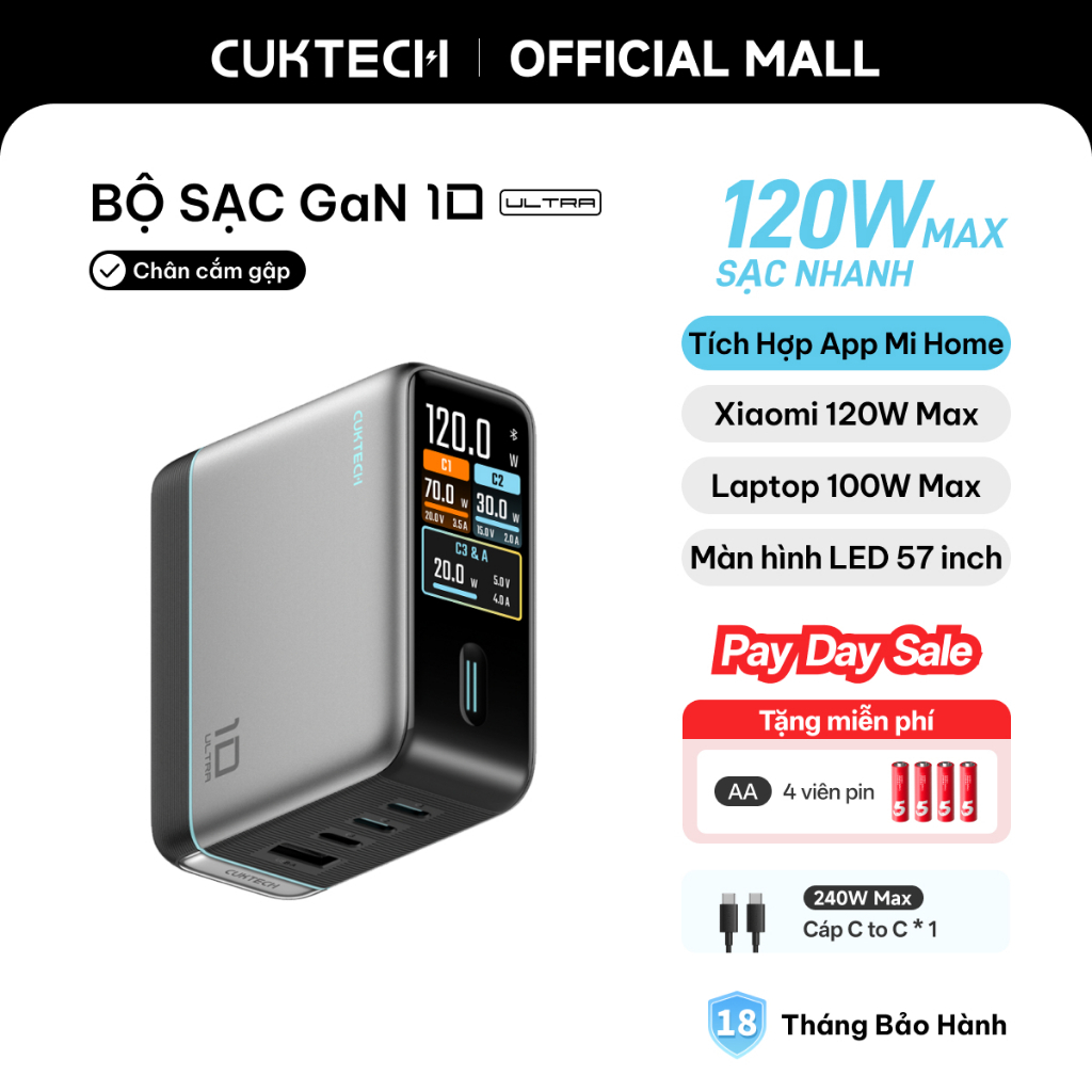 Củ Sạc Nhanh CUKTECH GaN 120W 4 Cổng Điều Khiển App Mi Home Cho Laptop/MacBook/iP 18/17/16 Pro Max/Xiaomi 17/Samsung S26
