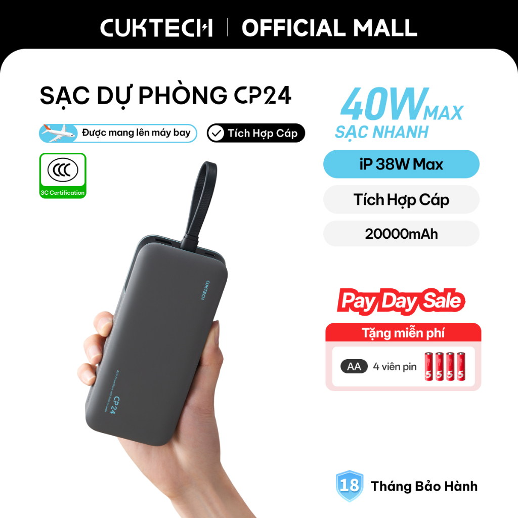 【Được chứng nhận CCC】CUKTECH Pin Dự Phòng 20000mAh Sạc Nhanh 40W – Tích Hợp Dây, Hỗ Trợ iP 38W / Xiaomi 33W —— CP24 Powe