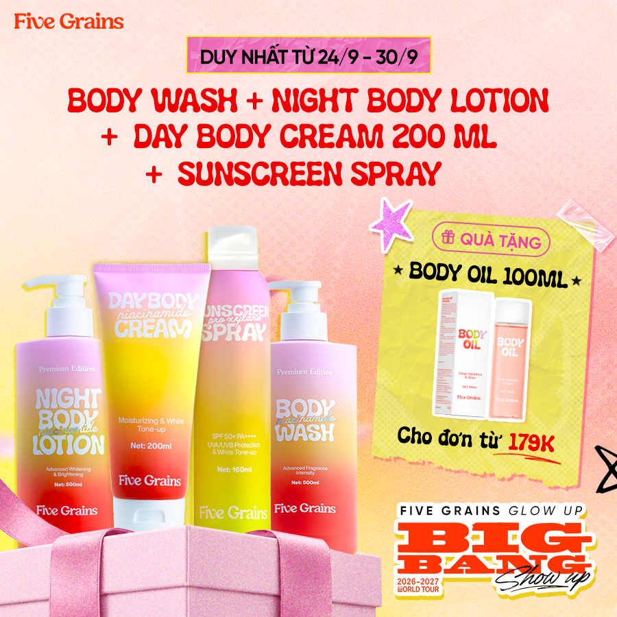Bộ 4 Bước Chăm Sóc Body Five Grains Sữa Tắm 500ml Kem Ngày 200ml Kem Đêm 500ml Xịt Chống Nắng SPF 50+ PA++++ 160ml