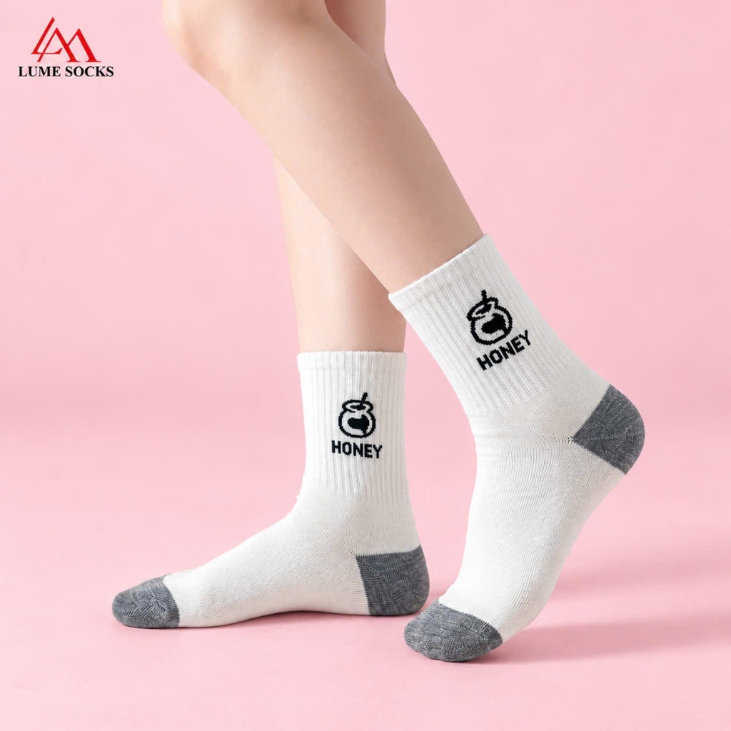 Set 5 Đôi Tất Cổ Cao Nữ Họa Tiết Thêu LUME L595 Chất Cotton Cao Cấp Co Giãn Thoáng Khí Phong Cách Hàn