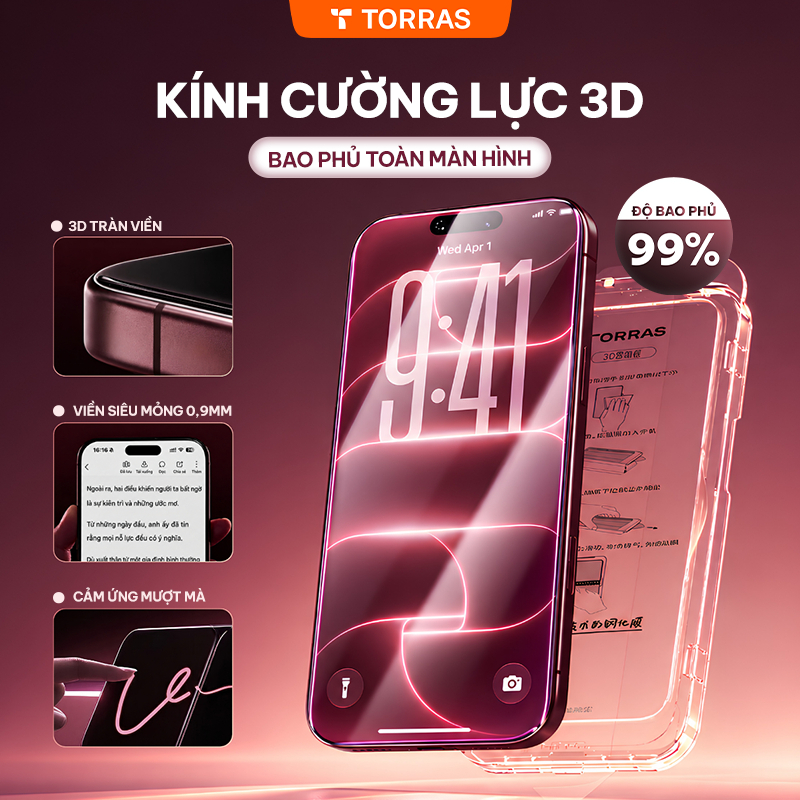 TORRAS Kính Cường Lực iPhone 15/16/17/18 3D Full Màn Hình, Viền Đen, Siêu…