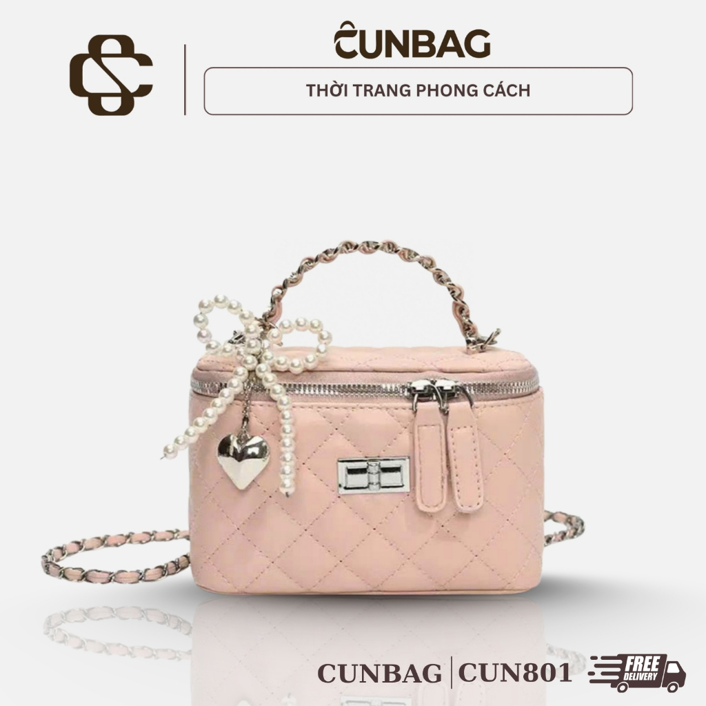 (TẶNG MÓC NGỌC) Túi Xách Nữ Cunbag Cốp Trần Ô Cao Cấp Sang Trọng Dự Tiệc Kèm Charm Ngọc CUN801