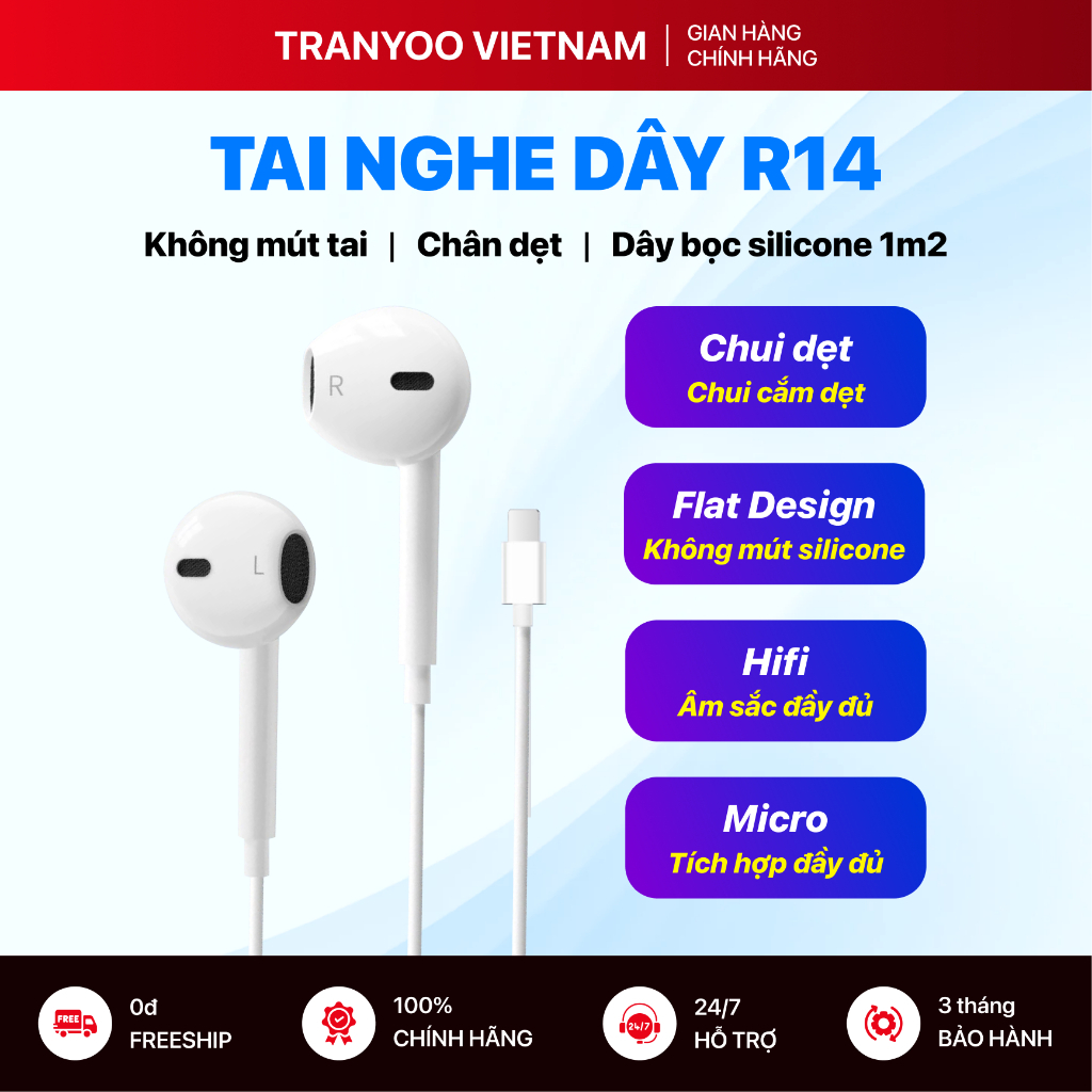 Tai Nghe Có Dây TRANYOO T-R14 Thiết Kế Nhét Tai Không Mút Silicon Chân Dẹt Cho…