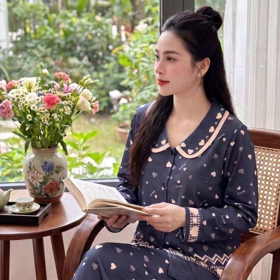 Bộ Pijamas Dài Tay Lụa Hàn Châu Nhiều Tim Xanh Than Đậm 04  - 3 Màu Hot, ForMe Pijamas